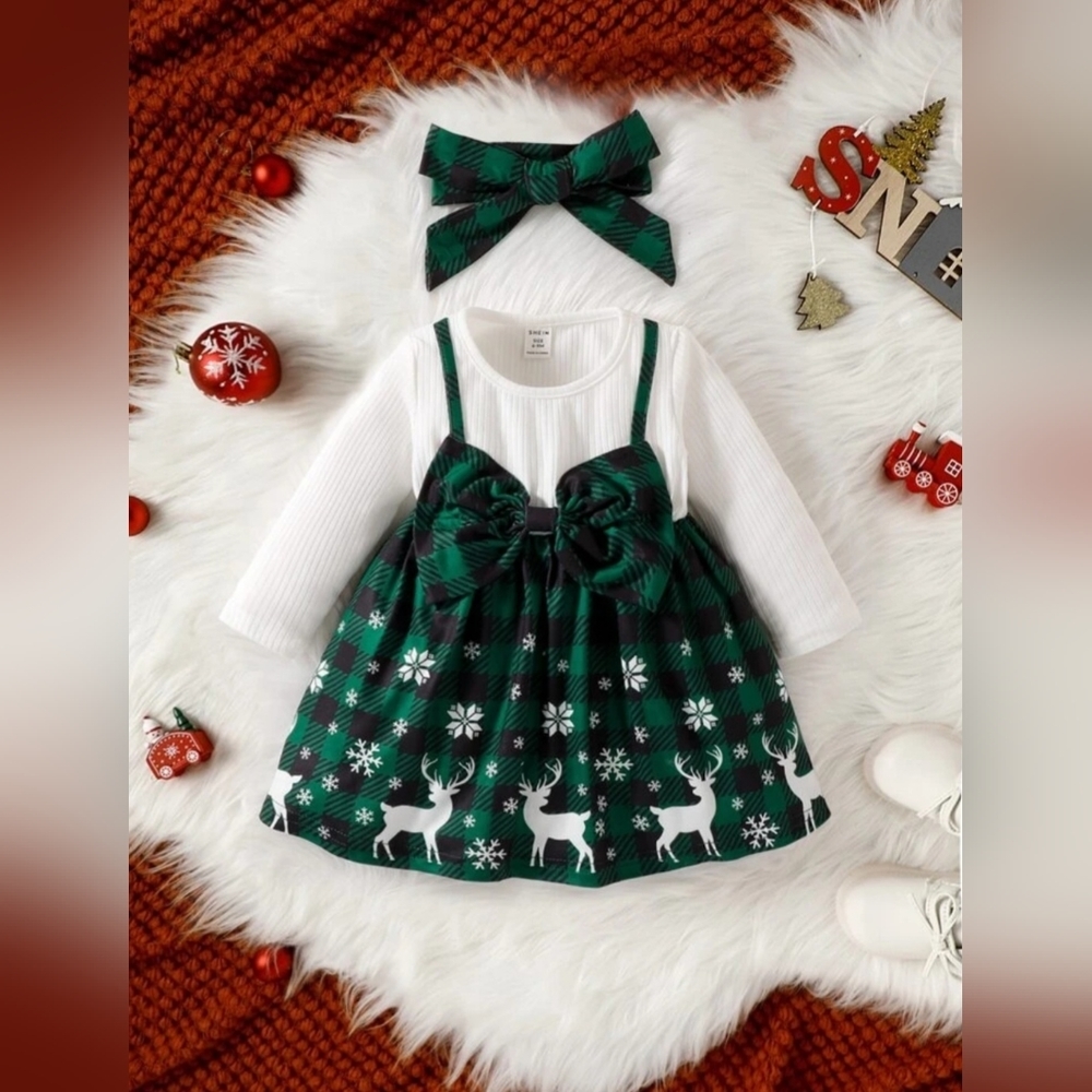 Baby 2 In 1 Gingham & Christmas Print Bow Front Dress With Headband